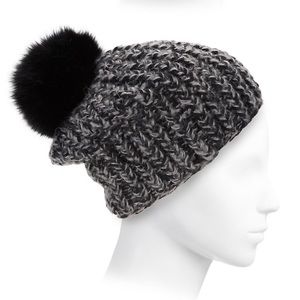 Surell Fox Fur Marbled Knit Pom Pom Beanie Hat